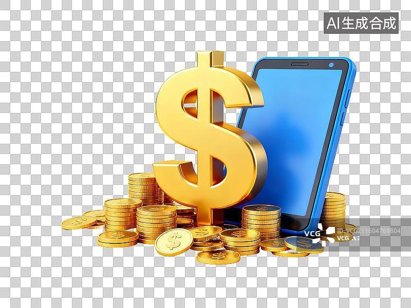【AI数字艺术】3D 金融理财美元符号智能手机硬币免抠设计素材图片素材