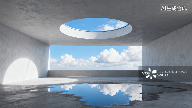 【AI数字艺术】极简艺术的混凝土天窗云海空间图片素材