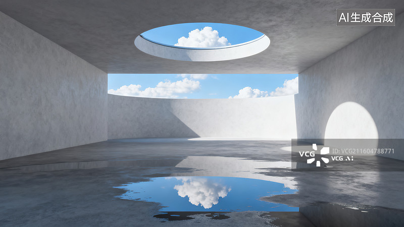 【AI数字艺术】极简艺术的混凝土天窗云海空间图片素材