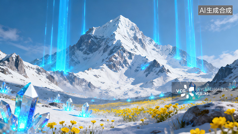 【AI数字艺术】梦幻科幻艺术的雪山蓝晶黄花景观图片素材