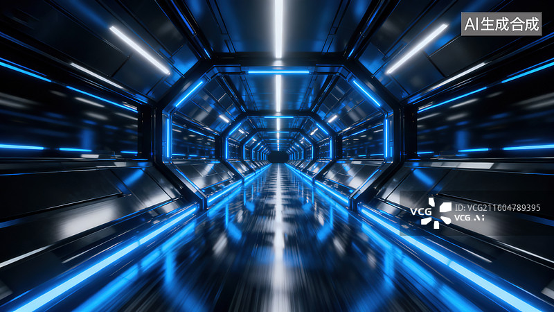 【AI数字艺术】科技感未来感动感科幻的蓝隧道空间图片素材
