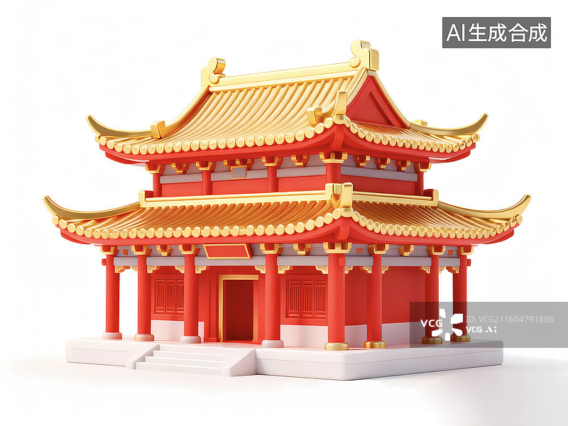 【AI数字艺术】3d国风红金喜庆宫殿古建筑图片素材