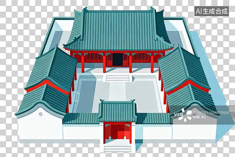 【AI数字艺术】卡通风格，一座古代四合院建筑PNG格式的免扣元素图片素材
