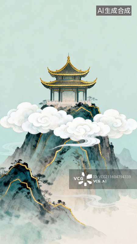 【AI数字艺术】国风古亭云间诗意境插画图片素材