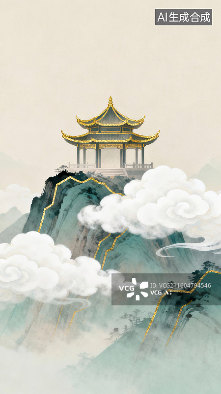 【AI数字艺术】国风古亭云间诗意境插画图片素材
