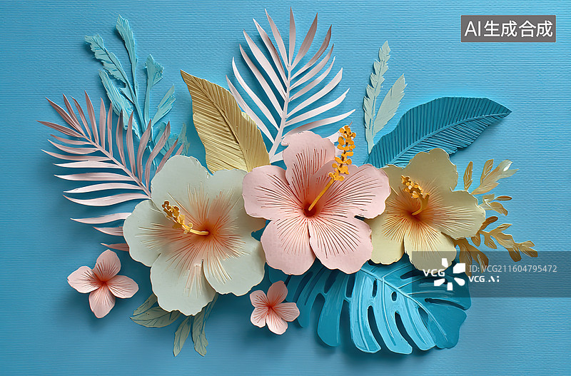 【AI数字艺术】纸艺花卉与热带叶片装饰图片素材