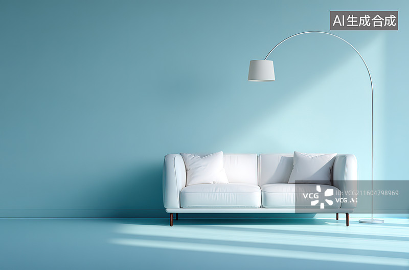 【AI数字艺术】蓝色背景下的白色沙发与落地灯图片素材