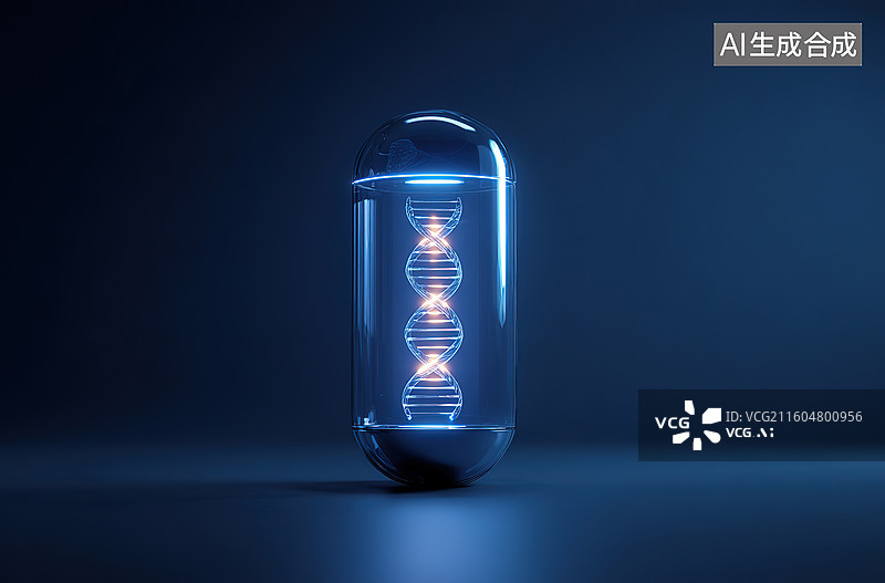 【AI数字艺术】DNA分子在透明胶囊中发光图片素材