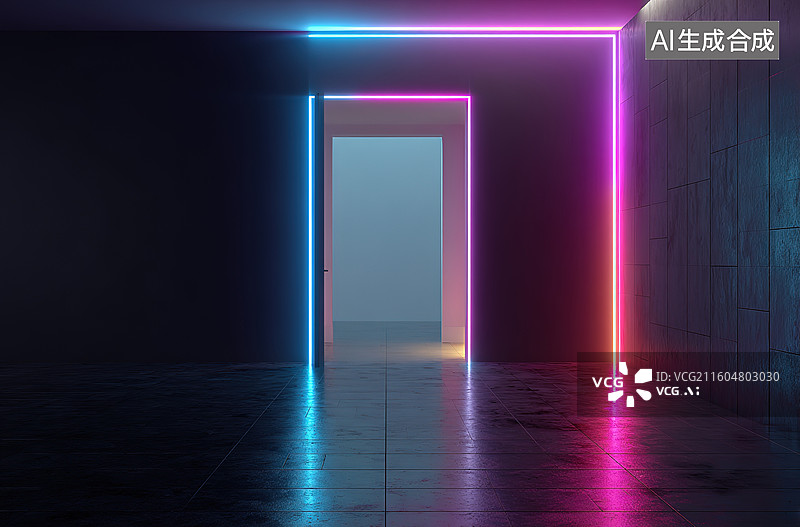 【AI数字艺术】霓虹光框走廊图片素材