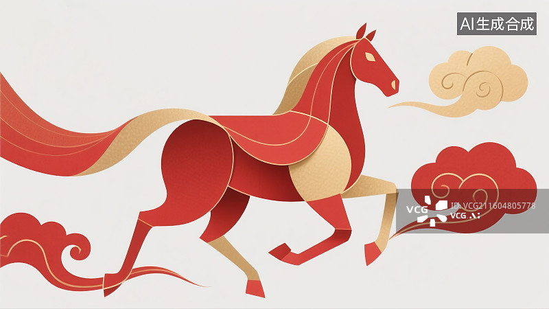 【AI数字艺术】几何生肖马（红金配色）,祥云元素,折纸/剪纸风格,国潮设计,生肖文化,文创设计素材,装饰,金色,动物图片素材