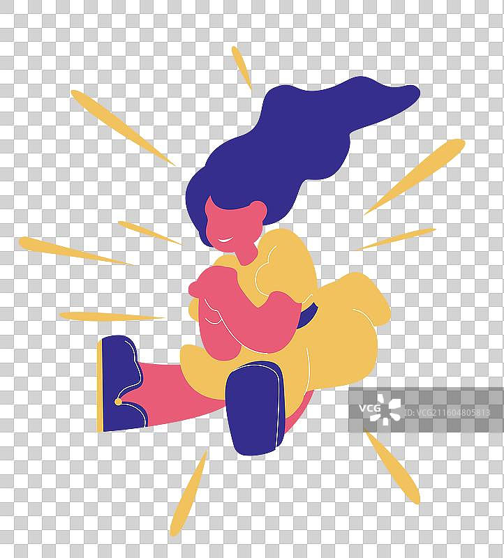 手绘扁平一个女孩正在许愿心想事成祈祷跳起图片素材