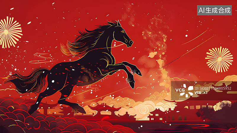 【AI数字艺术】红色背景下的一匹黑马图片素材