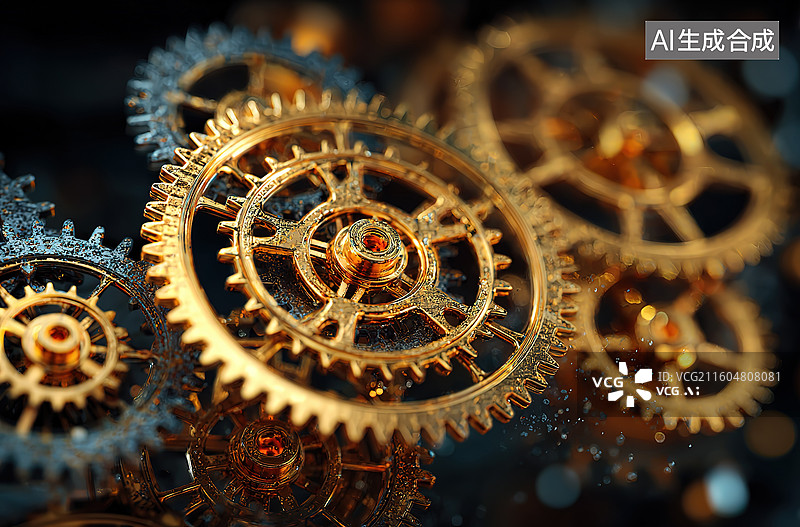 【AI数字艺术】金色齿轮机械结构特写图片素材