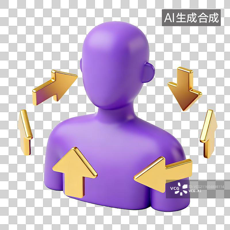 【AI数字艺术】紫色人物与金色箭头的3D图示图片素材