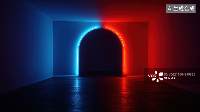 【AI数字艺术】蓝红光拱门通道图片素材