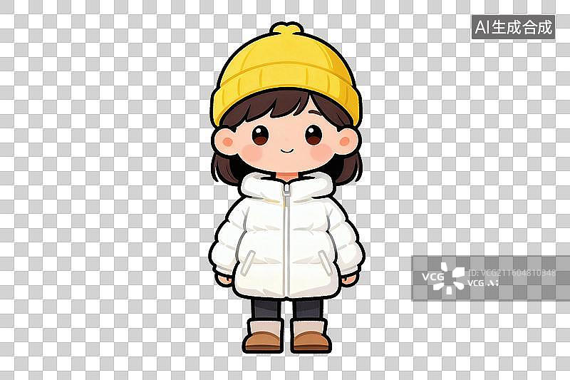 【AI数字艺术】卡通风格，穿着羽绒服，戴着黄色帽子的小女孩PNG格式的免扣元素图片素材