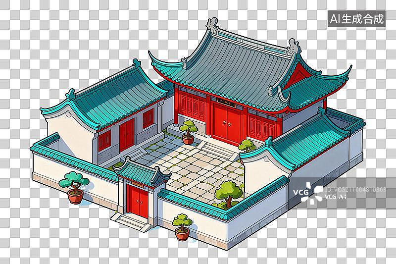 【AI数字艺术】卡通风格，一座古代四合院建筑PNG格式的免扣元素图片素材