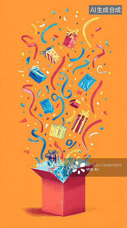 【AI数字艺术】礼盒中飞出彩带礼物图片素材