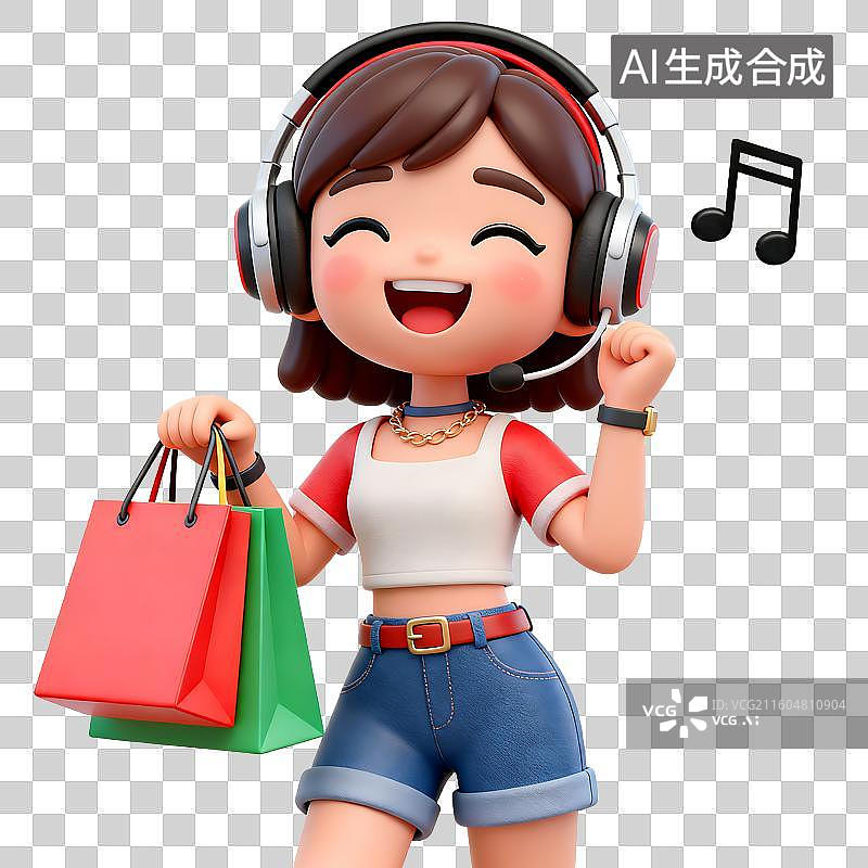 【AI数字艺术】戴着耳机开心购物的女孩图片素材