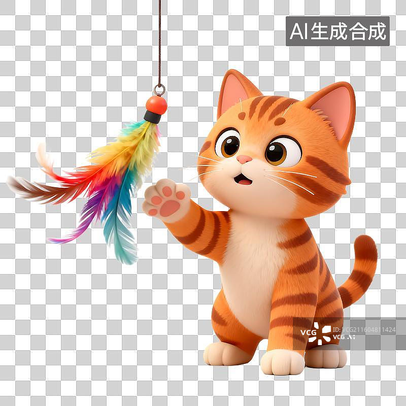 【AI数字艺术】可爱橘色条纹猫玩羽毛玩具图片素材