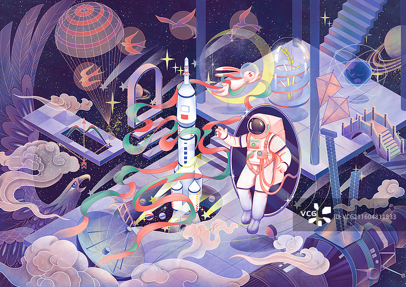宇宙航天科技类国风插画图片素材