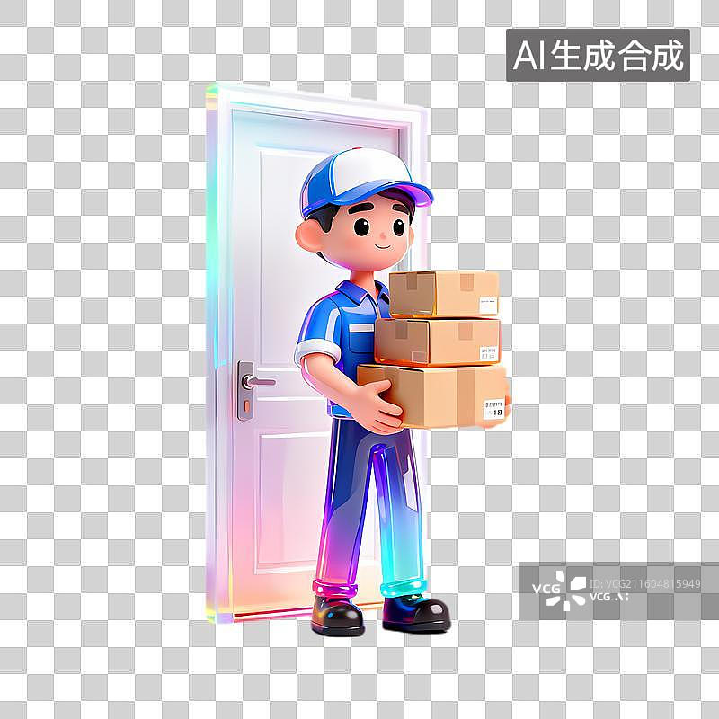 【AI数字艺术】手持包裹的快递员站在门前图片素材