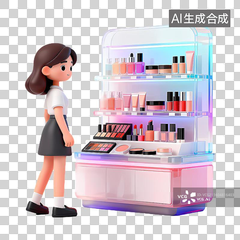 【AI数字艺术】女孩看着化妆品展示架图片素材
