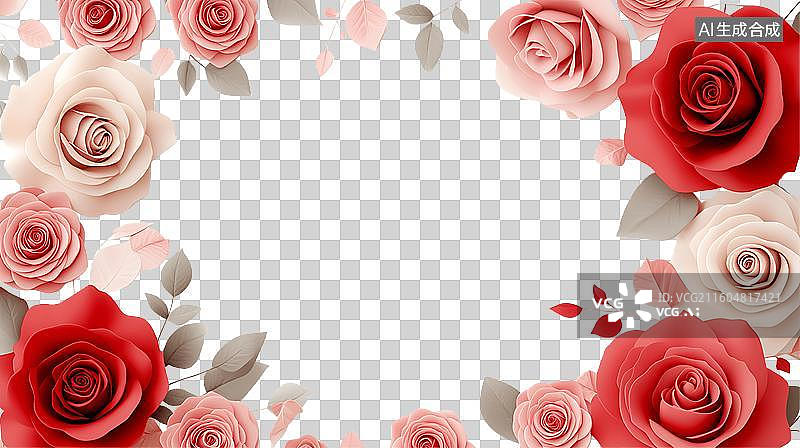 【AI数字艺术】粉色玫瑰红色玫瑰鲜花环绕装饰边框环绕免抠节日元素图片素材