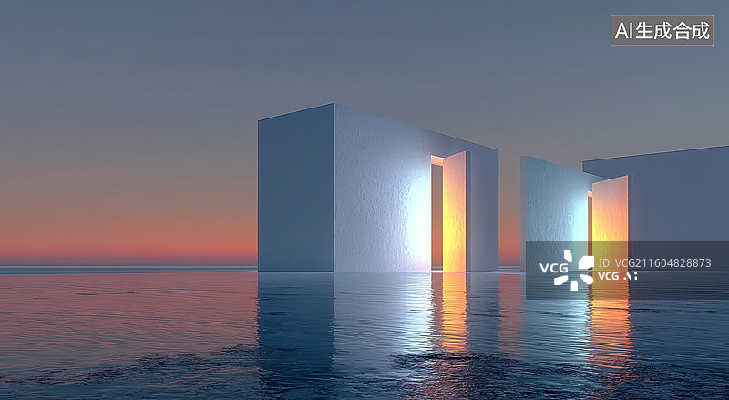【AI数字艺术】水面上的几何建筑剪影图片素材