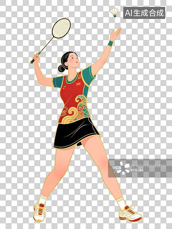 【AI数字艺术】国潮风插画免扣元素：运动员，比赛，羽毛球，羽毛球拍，全运会图片素材