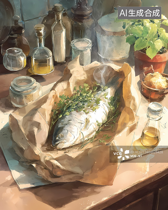 【AI数字艺术】清蒸鲈鱼美食插画图片素材