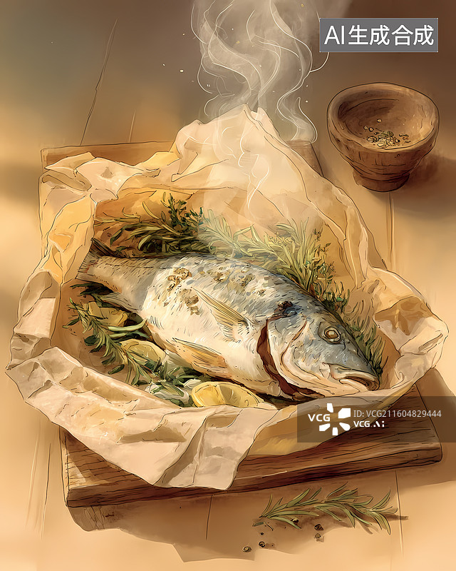 【AI数字艺术】清蒸鲈鱼美食插画图片素材