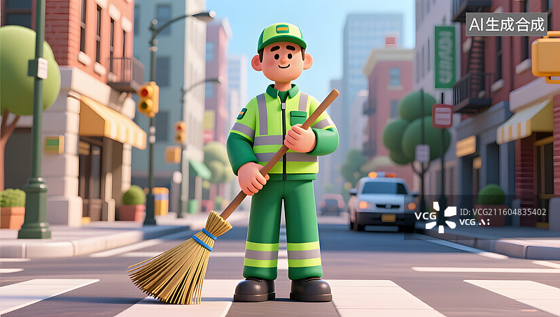 【AI数字艺术】城市街道环卫工人卡通人物插画图片素材