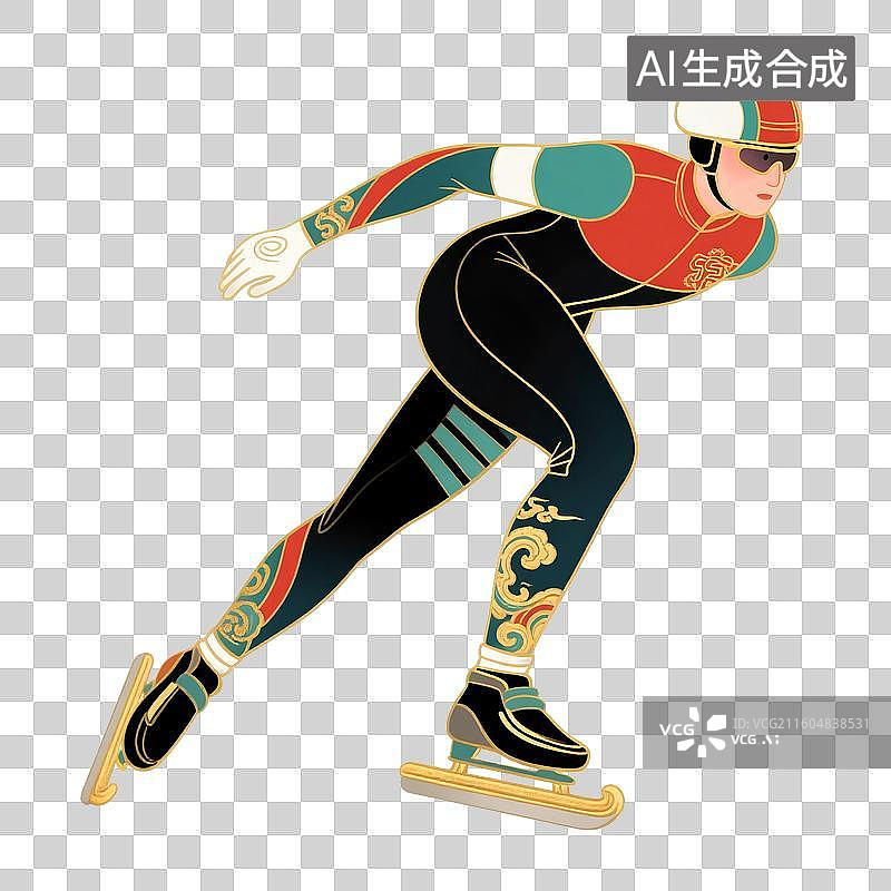 【AI数字艺术】国潮风插画免扣元素：冬季运动项目短道速滑图片素材