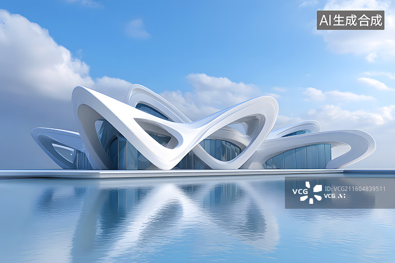 【AI数字艺术】水面上一个白色几何建筑图片素材