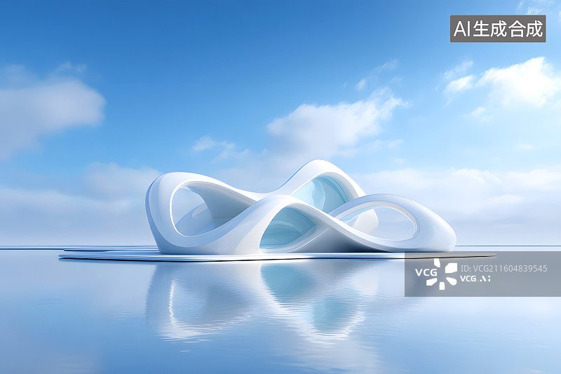 【AI数字艺术】水面上一个白色几何建筑图片素材