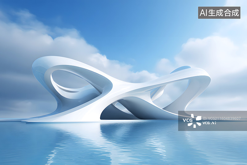 【AI数字艺术】水面上一个白色几何建筑图片素材