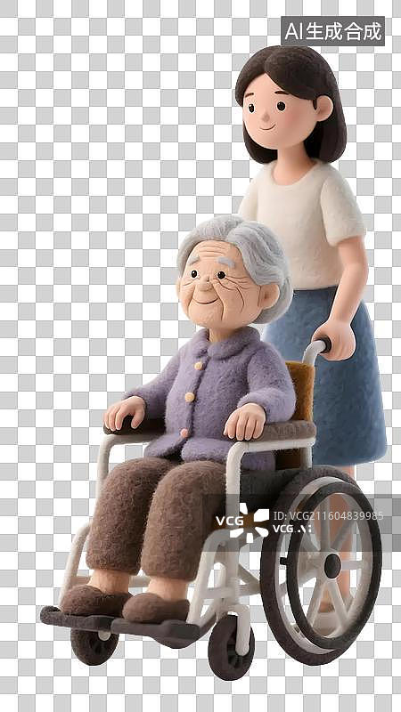 【AI数字艺术】AIGC：3D女儿推着坐在轮椅上的母亲，孝敬老人，母亲节重阳节，养老机构，羊毛毡风格，元素，免抠图图片素材