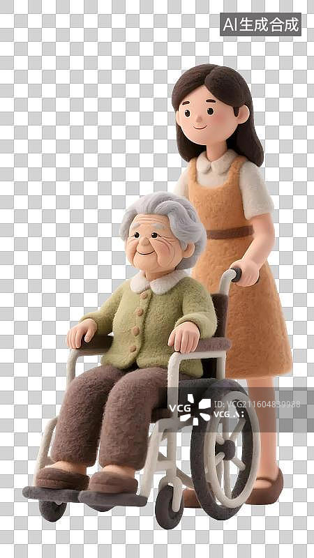 【AI数字艺术】AIGC：3D女儿推着坐在轮椅上的母亲，孝敬老人，母亲节重阳节，养老机构，羊毛毡风格，元素，免抠图图片素材