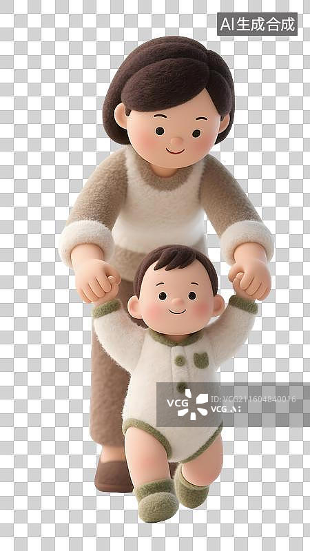 【AI数字艺术】AIGC：3D卡通妈妈双手牵着婴儿蹒跚学步，母亲节，羊毛毡风格，设计元素，免抠图形图片素材