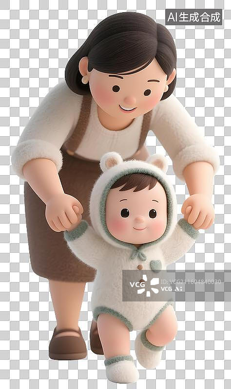 【AI数字艺术】AIGC：3D卡通妈妈双手牵着婴儿蹒跚学步，母亲节，羊毛毡风格，设计元素，免抠图形图片素材
