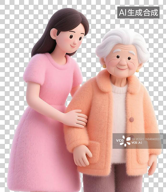 【AI数字艺术】AIGC：3D卡通女儿搀扶着年老的母亲，母亲节，感恩节，孝敬老人，羊毛毡风格，设计元素，免抠图图片素材