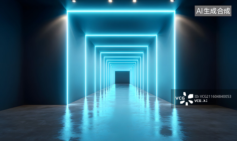 【AI数字艺术】蓝色发光走廊通道图片素材