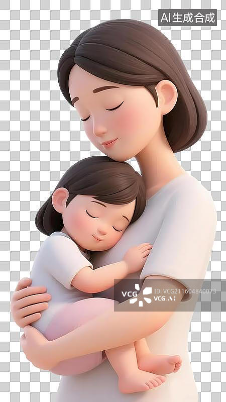 【AI数字艺术】AIGC：3D妈妈抱着女儿唱摇篮曲哄睡，母亲节，母爱，设计元素 ，免抠图形图片素材