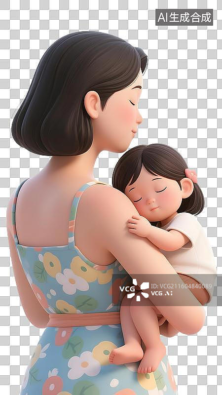【AI数字艺术】AIGC：3D妈妈抱着女儿唱摇篮曲哄睡，母亲节，母爱，设计元素 ，免抠图形图片素材