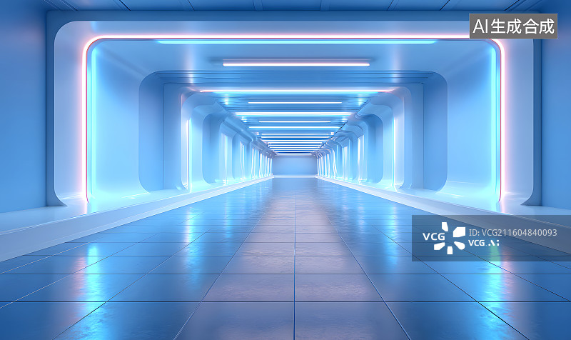 【AI数字艺术】蓝色发光走廊通道图片素材