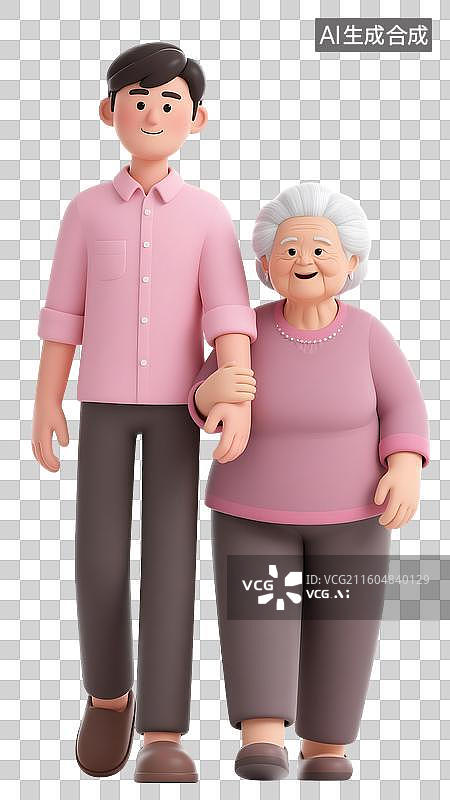 【AI数字艺术】AIGC：3D年老的母亲跟年轻的儿子，母亲节设计元素，免抠图形图片素材