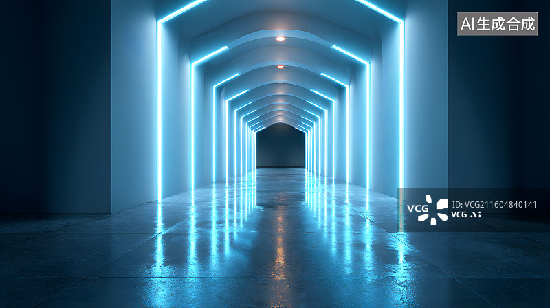 【AI数字艺术】蓝色发光走廊通道图片素材