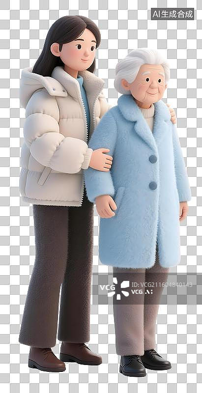 【AI数字艺术】AIGC：3D卡通女儿搀扶着年老的母亲，母亲节，感恩节，孝敬老人，羊毛毡风格，设计元素，免抠图图片素材