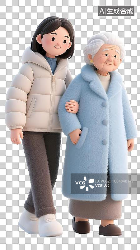 【AI数字艺术】AIGC：3D卡通女儿搀扶着年老的母亲，母亲节，感恩节，孝敬老人，羊毛毡风格，设计元素，免抠图图片素材